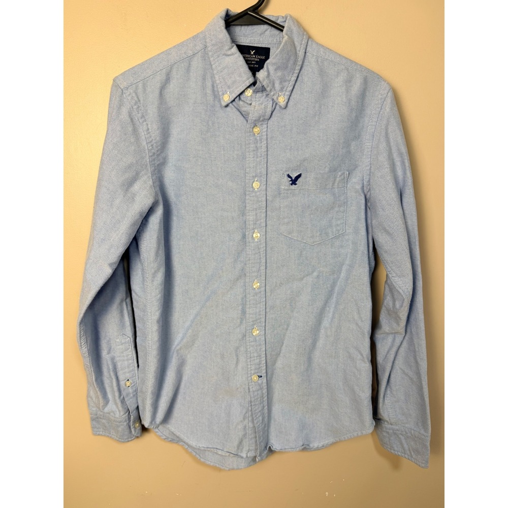 American Eagle Mens Oxford Shirt Small Blue Long Sleeve Button Down Logo Pocket
